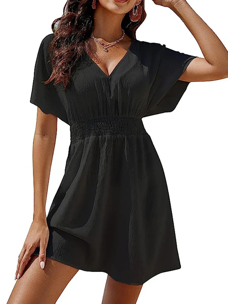 MW | 2024 Solides lockeres weißes Strandkleid Damen Boho Minikleid