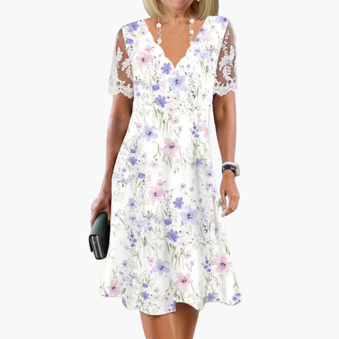 MW | Women's floral midi Kleid mit Spitze Ärmel für den Sommer tragen