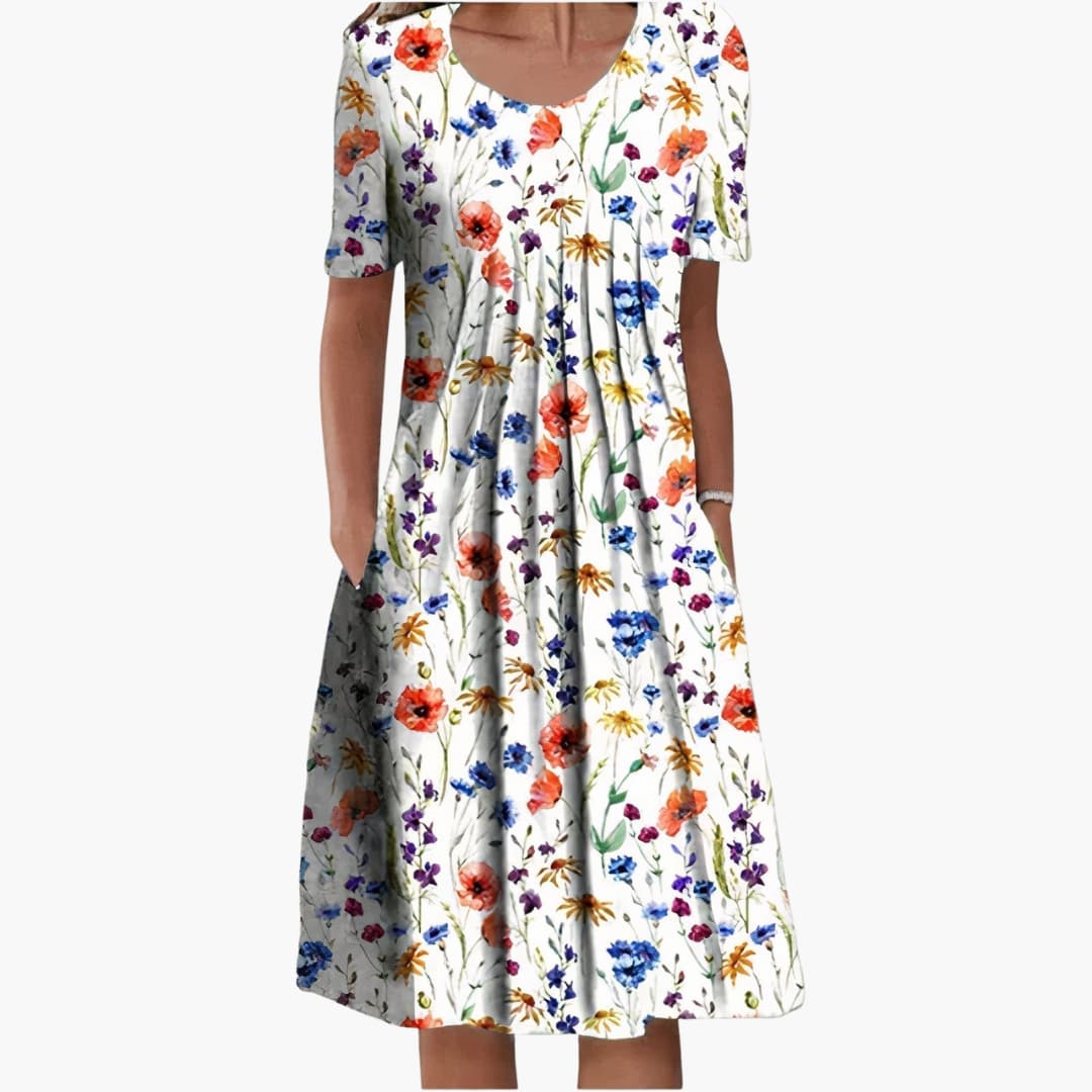MW | Damen Sommer-Midikleid mit Blumendruck und kurzen Ärmeln