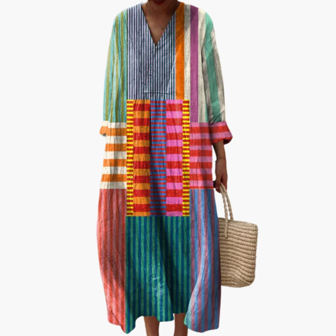 MW | Damen langärmeliges Midikleid mit V-Ausschnitt und Patchwork