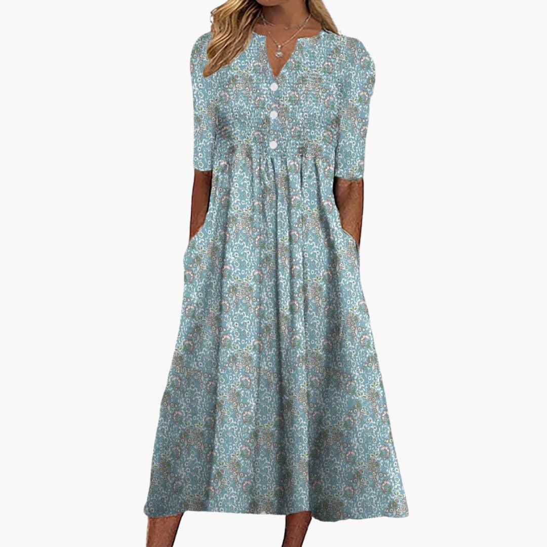 MW | Damen geblümtes Midikleid mit V-Ausschnitt und Seitentaschen