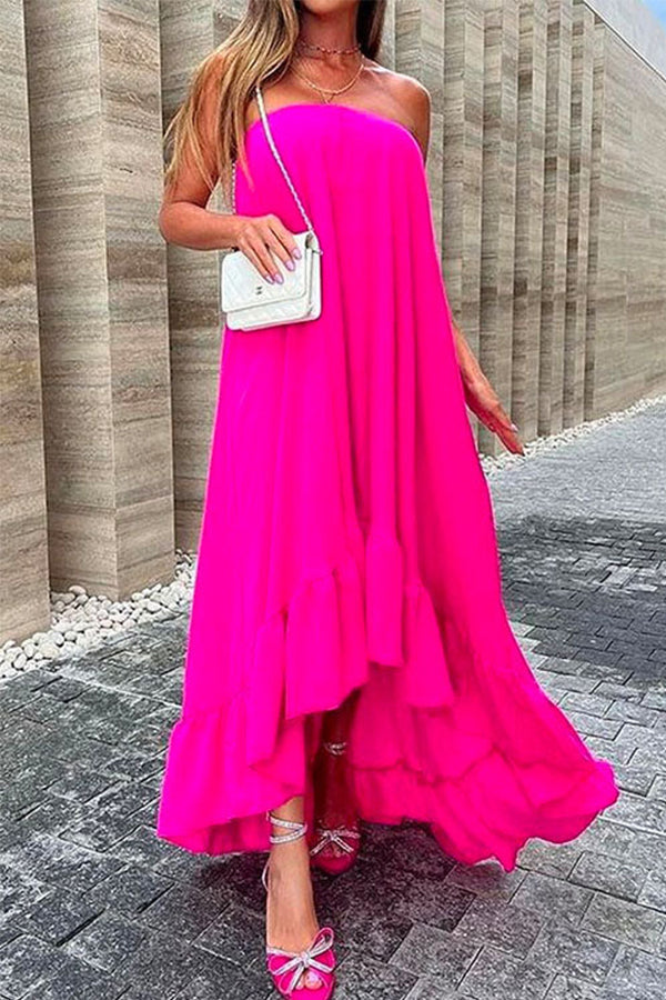 MW | Ärmelloses, schulterfreies, unregelmäßiges Maxikleid mit Rüschen