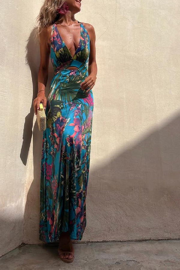 MW | RAINFOREST PARADISE TROPISCHEN DRUCK AUSSCHNITT ZURÜCK CROSSOVER STRETCH MAXI KLEID