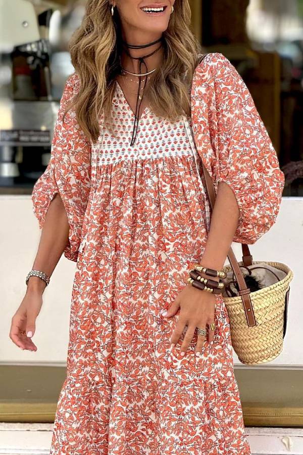 MW | Boheme Lifestyle Bedrucktes Maxikleid mit lockeren Puffärmeln
