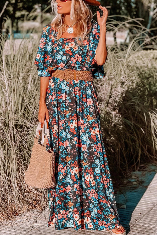 MW | Himmelblau Boho Floral Print Geknotet Rückenfreies Maxikleid