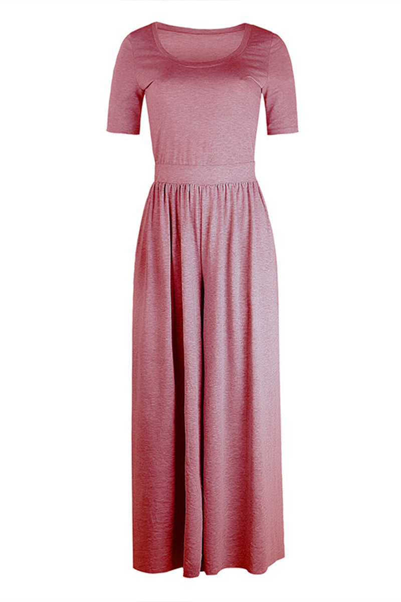 MW | Rundhalsausschnitt Kurzarm Langer Jumpsuit mit hoher Taille