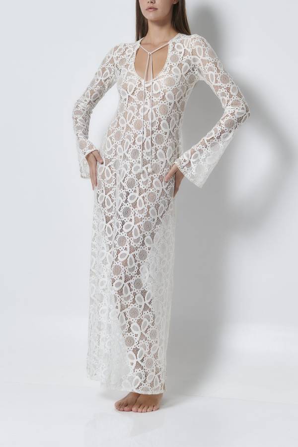 MW | Santorini Sonnenuntergang Floral Spitze Langarm Schlitz Urlaub Maxikleid
