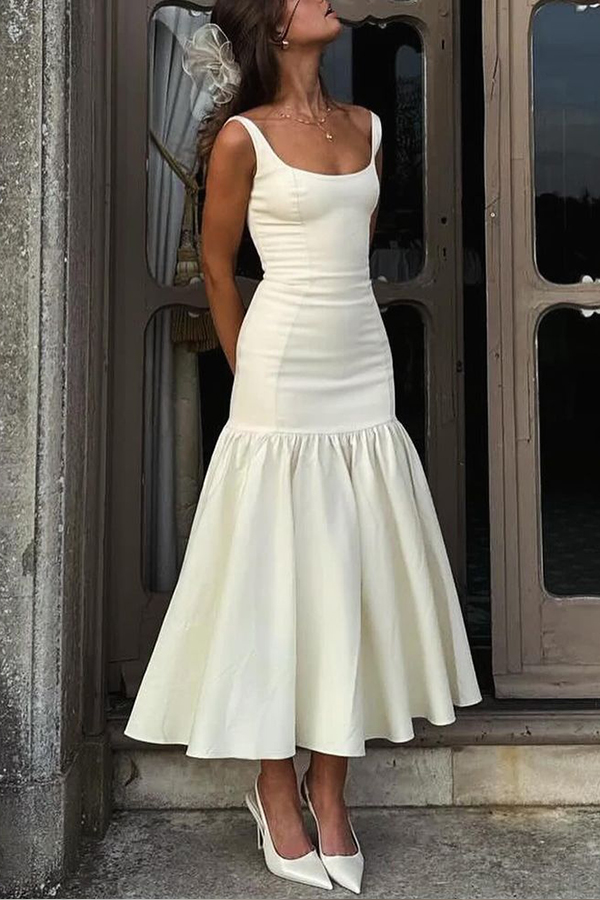 MW | Anmutige Silhouette Quadratischer Ausschnitt Breiter Riemen Tropfen Taille Midi Kleid