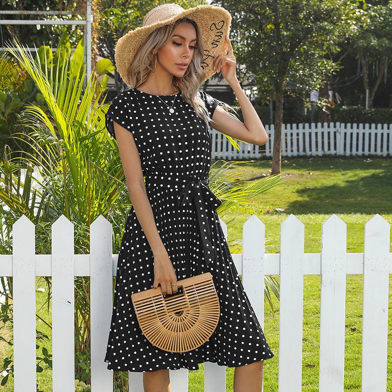 MW | Sommer Frauen Polka Dot Kurzarm Kleid Casual Bandage Party Plissee Midi Kleider Elegant Grün Büro Dame Kleidung