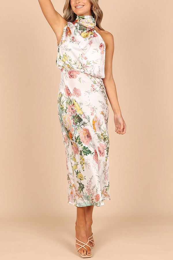 MW | Wein Land Termine Floral Halter Hals elastische Taille Maxi Kleid