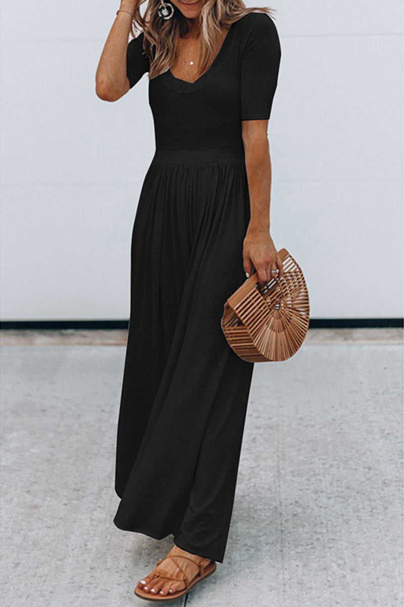 MW | Rundhalsausschnitt Kurzarm Langer Jumpsuit mit hoher Taille