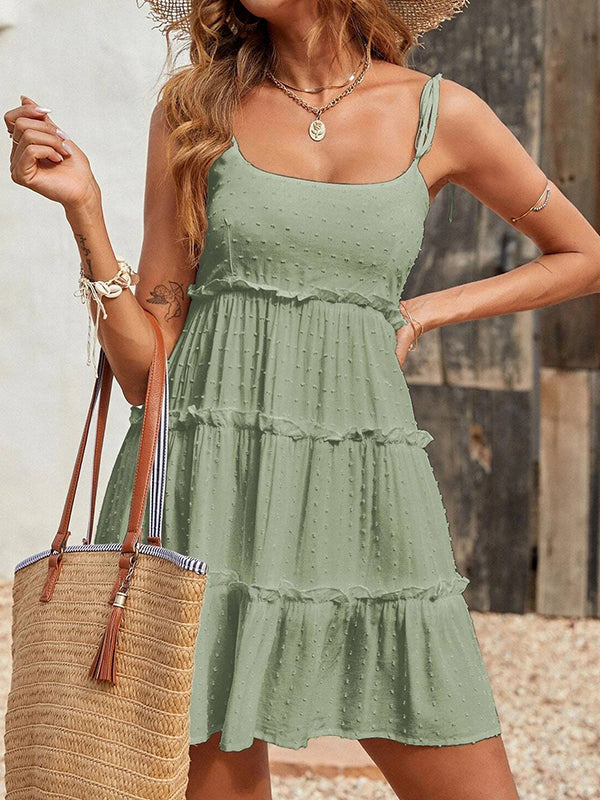 MW | Lose Jacquard Schichten plissiert Spaghetti-Ausschnitt Minikleider