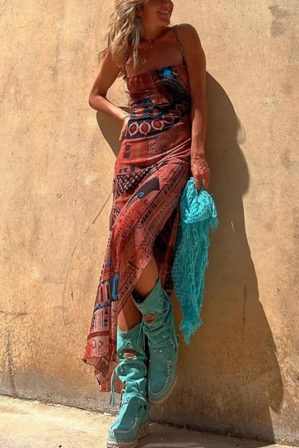 MW | Gypsy Style Einzigartiger Druck Cowl Neck Rücken Schnürung Schlitz Midi Kleid