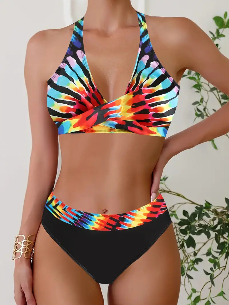 MW | Stylischer Random Print Halter Kreuz Bikini