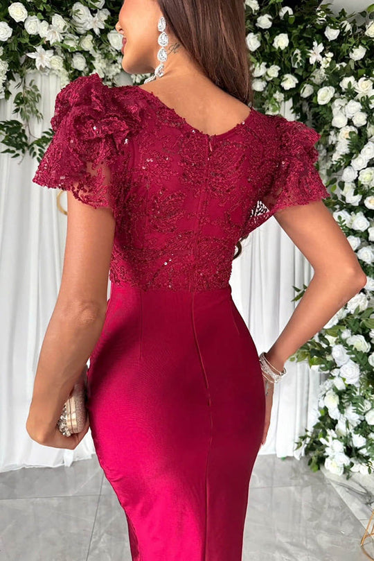 MW | Dreamy Luxus Spitze und Satin Patchwork Rüschen Ärmel geraffte Midi Kleid