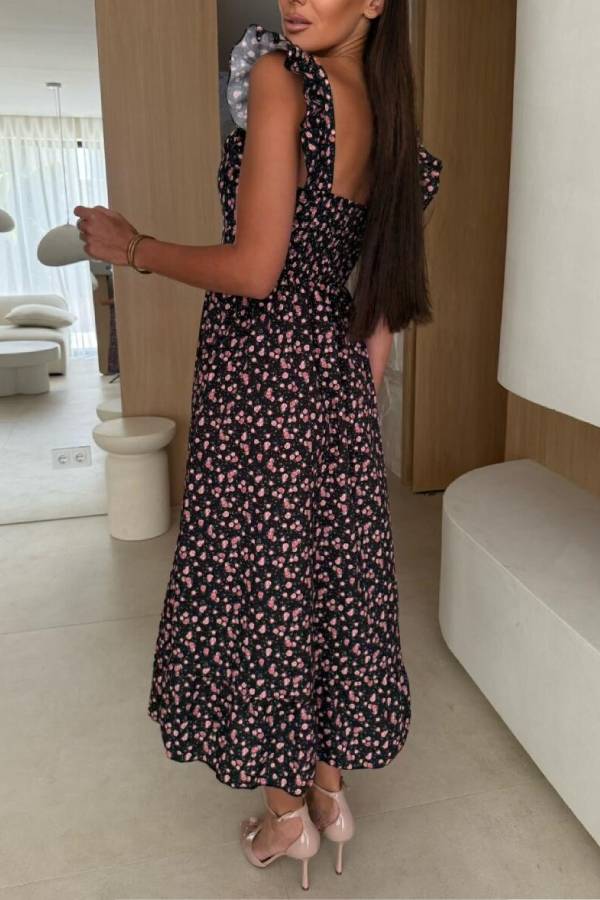 MW | Floral Print Quadratischer Ausschnitt Plissierter Rücken Midikleid