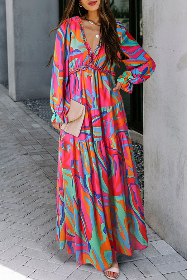 MW | Multicolor Blumendruck Rüschenbesatz tief ausgeschnittenes Maxikleid