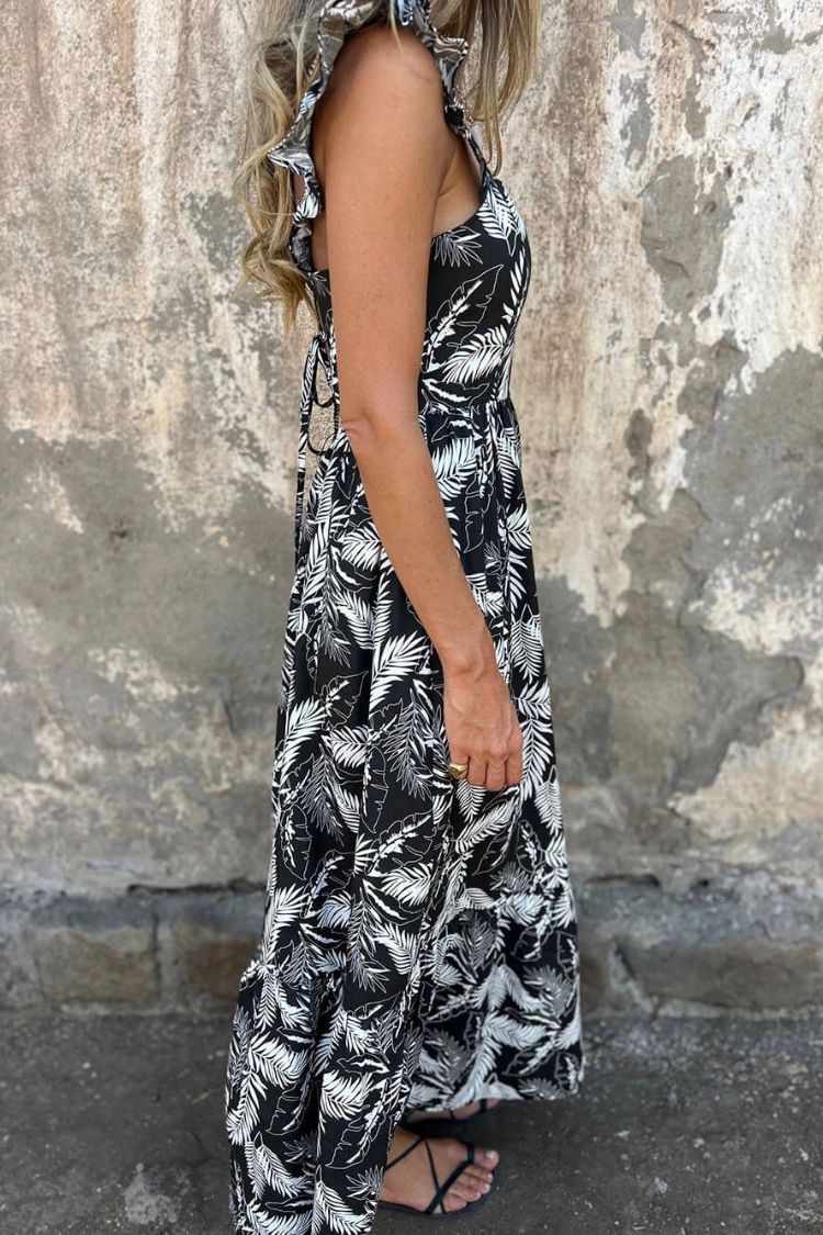 MW | Elegante hohle Krawatte Federdruck Rüschenärmel Maxikleid