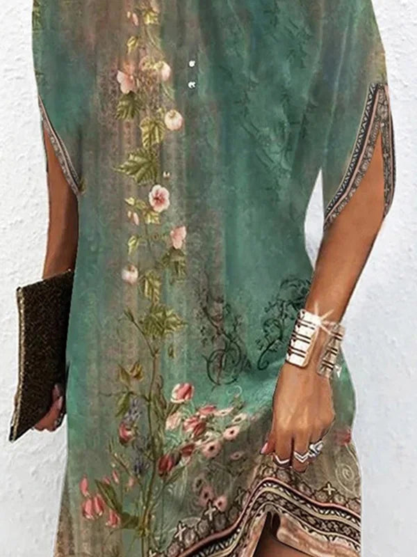 MW | Fledermausärmel Lockeres Minikleid mit Blumendruck und Rundhalsausschnitt