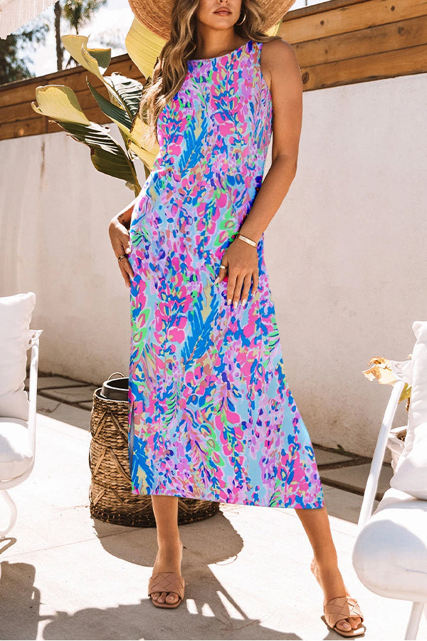 MW | Lila Fluoreszierend Bedruckt Rundhalsausschnitt Ärmelloses Maxikleid
