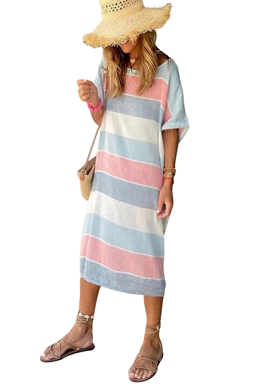 MW | Multicolor Gestreiftes Color Block Lose Passform Halbärmliges Maxikleid