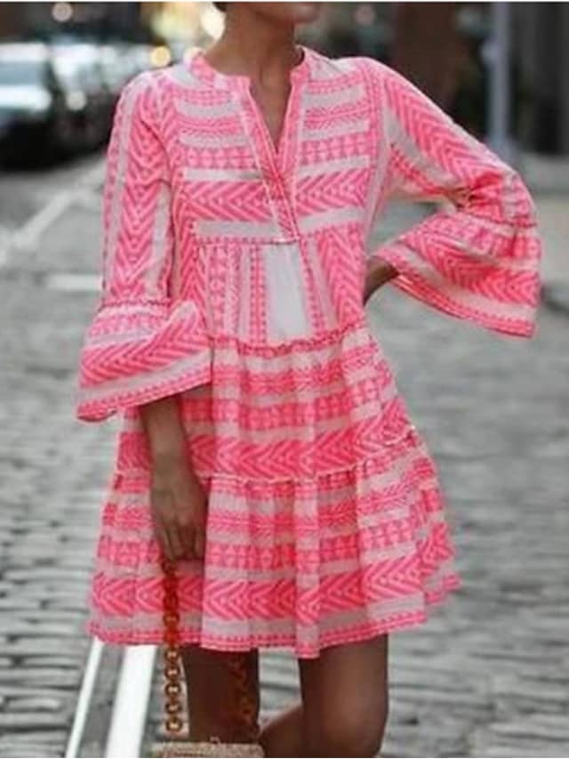 MW | Swing Kleid Kurzes Minikleid Schwarz Blau Blushing Pink Grün 3/4 Länge Ärmel Geometrischer Druck Frühling Sommer V-Ausschnitt Boho Flare Manschette Ärmel 2021 S M L XL XXL 3XL