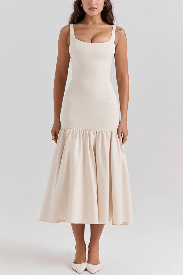 MW | Anmutige Silhouette Quadratischer Ausschnitt Breiter Riemen Tropfen Taille Midi Kleid