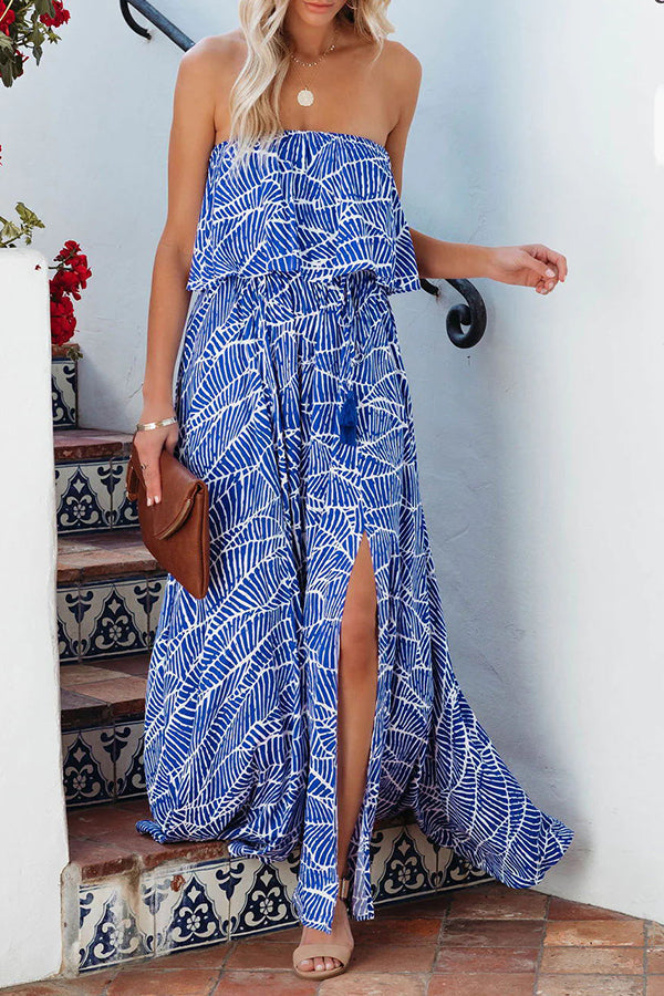 MW | Sommer Picknick Bedrucktes Elastisches Taille Trägerloses Krawatten Maxikleid