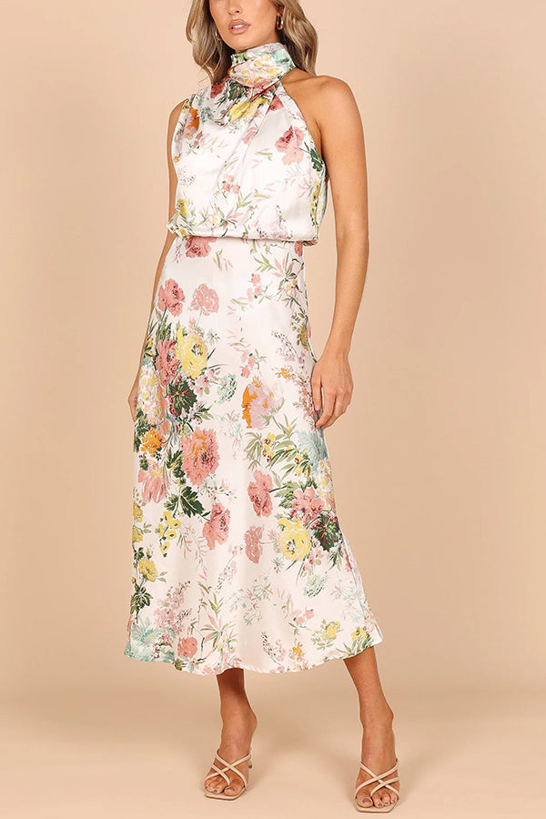 MW | Wein Land Termine Floral Halter Hals elastische Taille Maxi Kleid