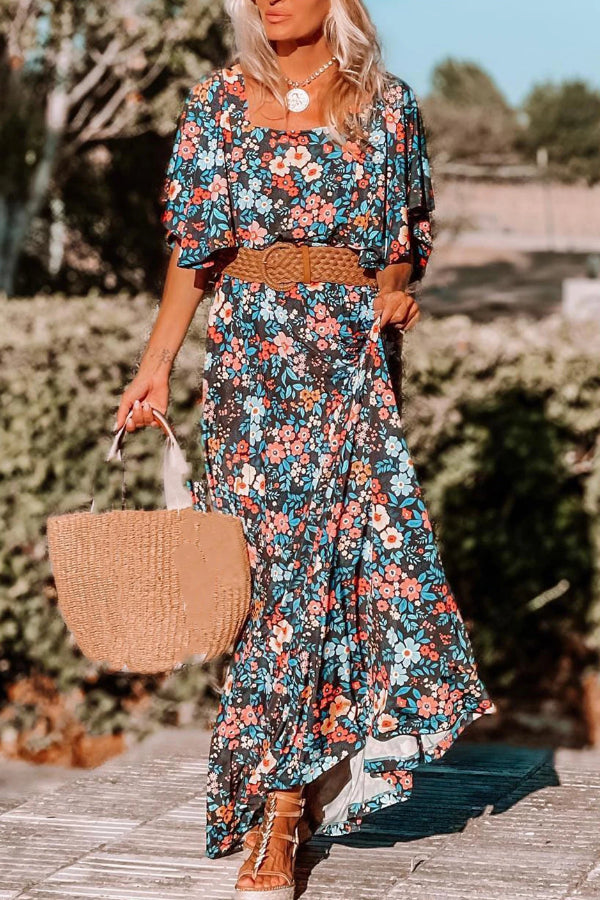MW | Himmelblau Boho Floral Print Geknotet Rückenfreies Maxikleid