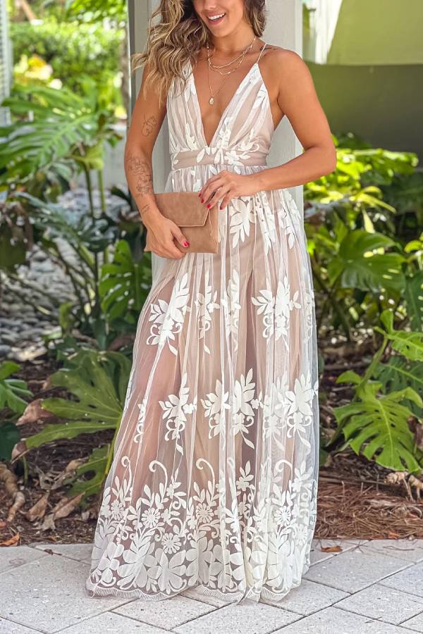 MW | Weiß und Beige Cross Back Floral Tulle Maxi Kleid