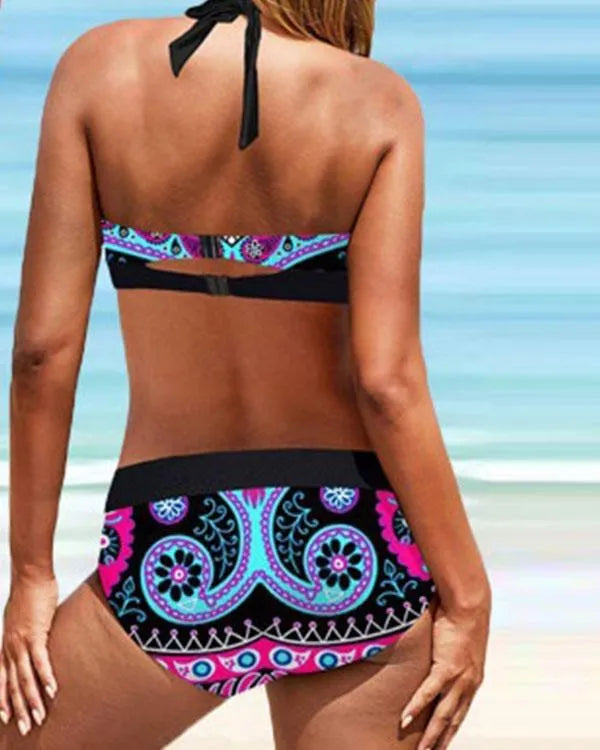 MW | Plus Größe Vintage Floral Print Lace Up Halter V-Ausschnitt Sexy Bikini Set