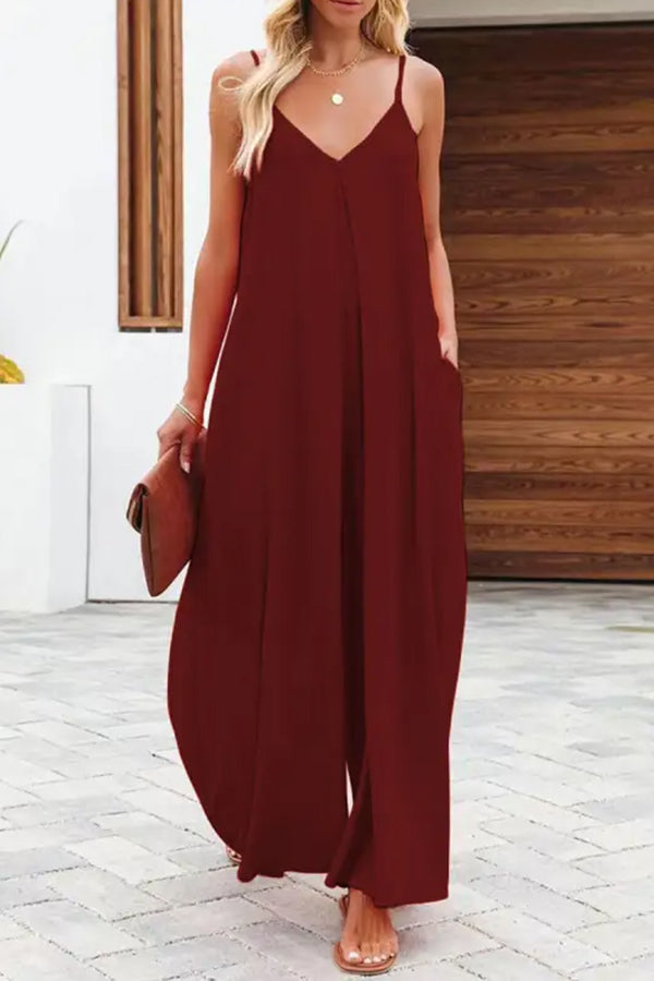 MW | Solide Farbe Seite Tasche lässig weites Bein Suspender Jumpsuit