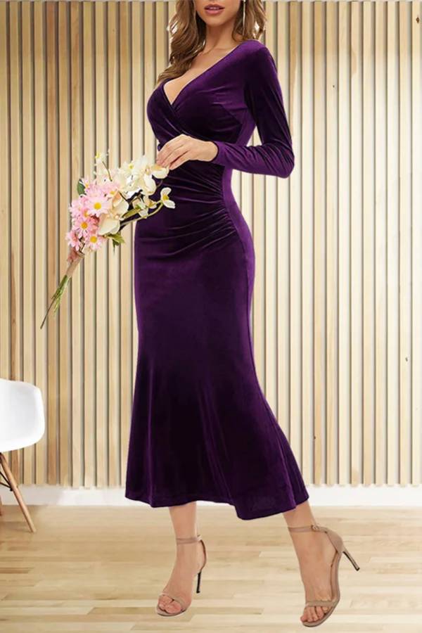 MW | Solide Samt Langarm V-Ausschnitt Slim Fit Fischschwanz Maxi Kleid