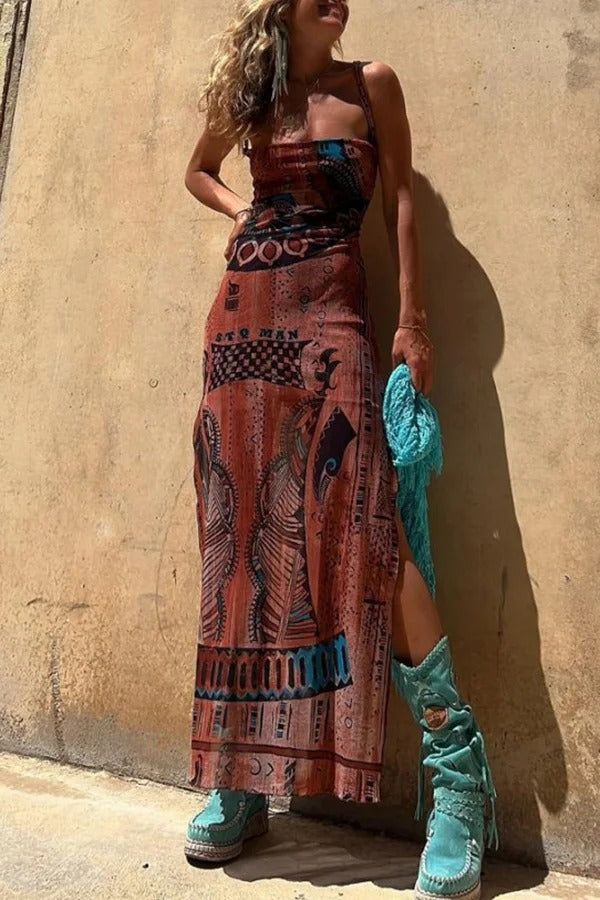 MW | Gypsy Style Einzigartiger Druck Cowl Neck Rücken Schnürung Schlitz Midi Kleid