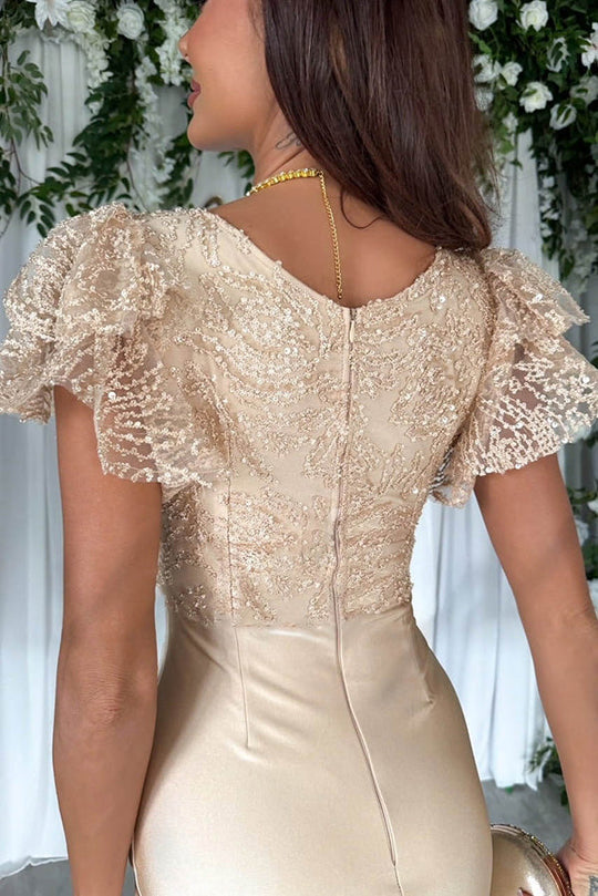 MW | Dreamy Luxus Spitze und Satin Patchwork Rüschen Ärmel geraffte Midi Kleid
