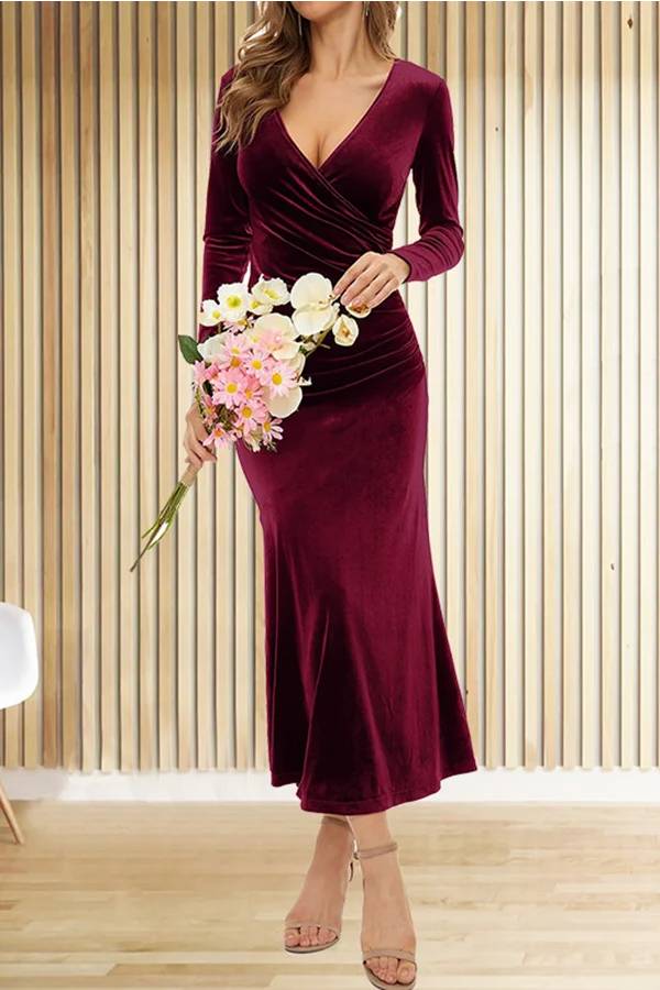 MW | Solide Samt Langarm V-Ausschnitt Slim Fit Fischschwanz Maxi Kleid