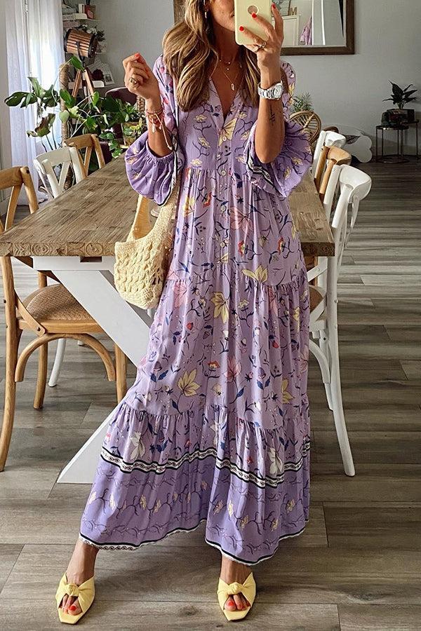 MW | Lavendel Geschmack Gedruckt Langarm Knopf A-Linie Maxi Kleid