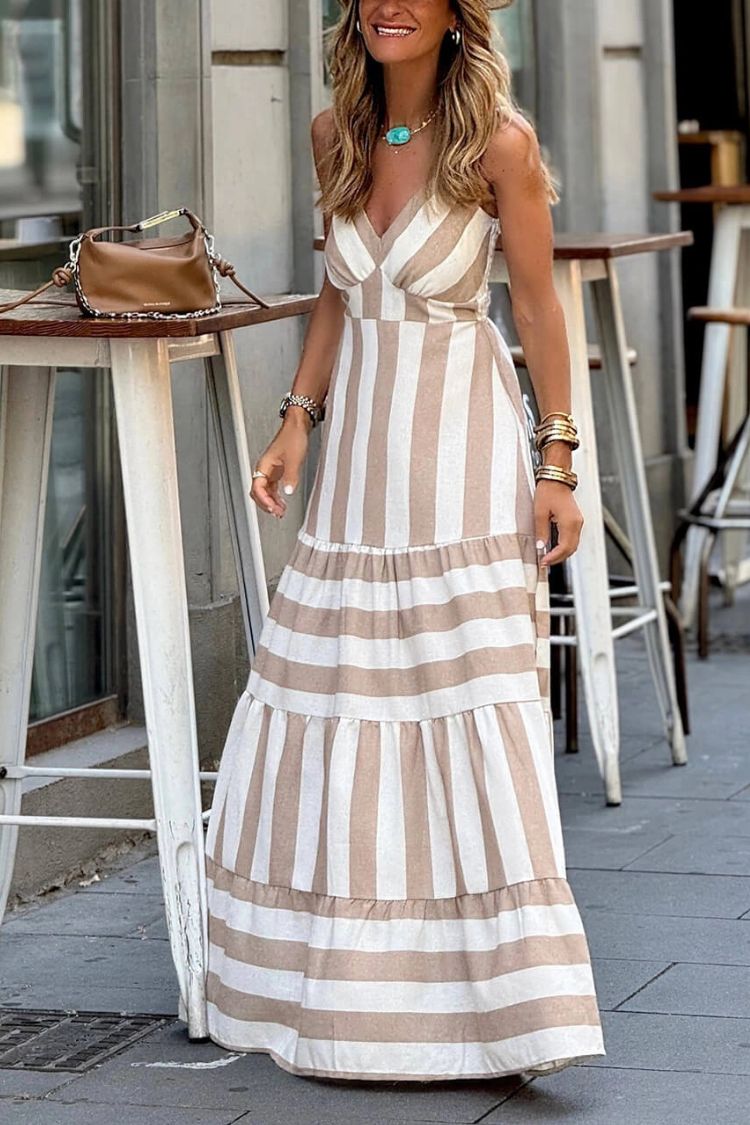 MW | Sommer Streifendruck Patchwork gerafftes rückenfreies Maxikleid