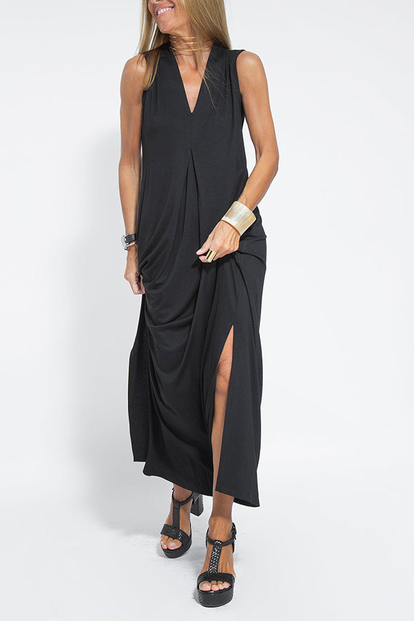 MW | Elegant ist ewig stricken solide Farbe ärmellose Schlitz Maxi Kleid