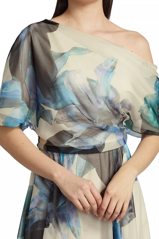 MW | Einzigartiges bedrucktes böhmisches Kurzarm-Maxikleid mit einer Schulterpartie