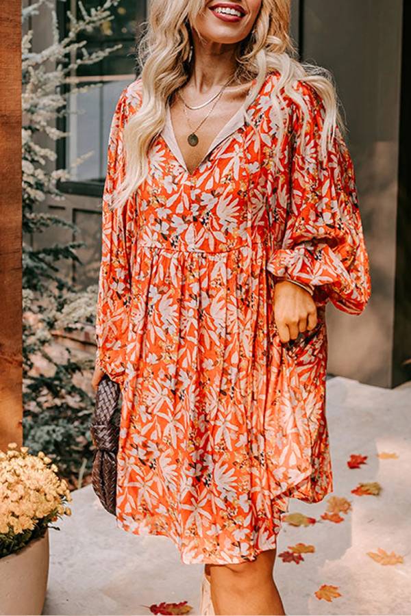 MW | Orange Floral Print Split V-Ausschnitt Bubble Sleeve Plus Size Midi-Kleid