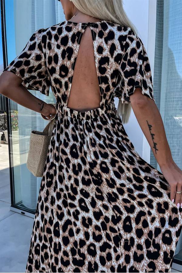 MW | Khaki Leopard V-Ausschnitt Cinched High Waist Open Back Maxikleid