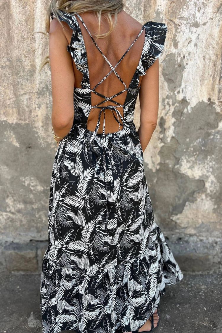 MW | Elegante hohle Krawatte Federdruck Rüschenärmel Maxikleid