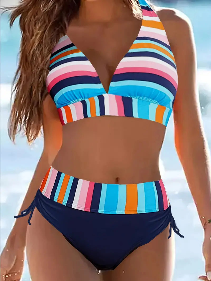 MW | Bunter Streifendruck Halter Bikini mit Kordelzug