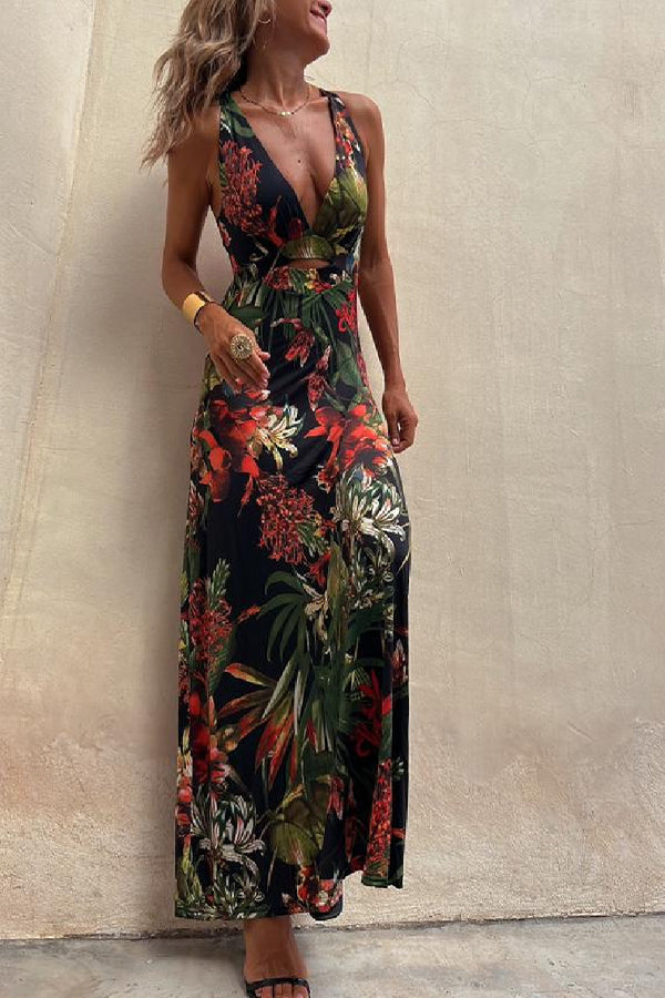 MW | RAINFOREST PARADISE TROPISCHEN DRUCK AUSSCHNITT ZURÜCK CROSSOVER STRETCH MAXI KLEID