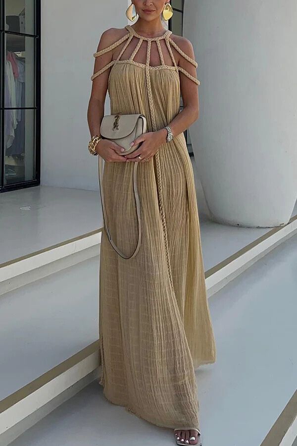 MW | Modern und anspruchsvoll Leinenmischung Drapierte Zöpfe Cover Up Maxikleid