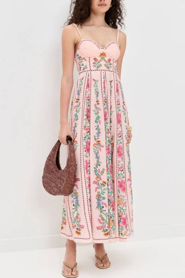 MW | Delicate Forest Einzigartige Druck Sweetheart Hals Perlen Riemen Maxi Kleid
