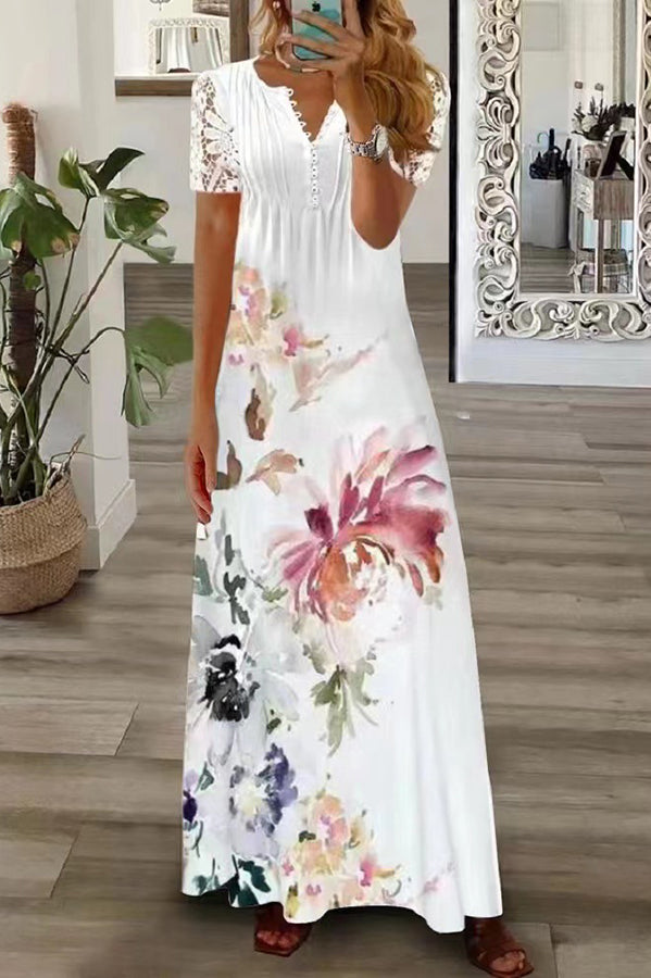 MW | Boho Floral V Hals Knopf Spitze Ärmel Urlaub Strand Maxi Kleid