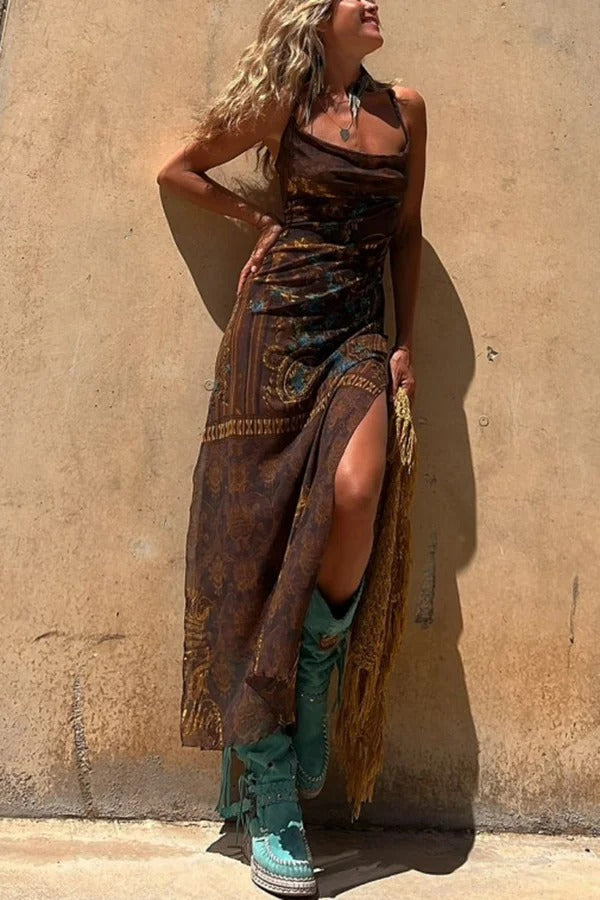 MW | Gypsy Style Einzigartiger Druck Cowl Neck Rücken Schnürung Schlitz Midi Kleid